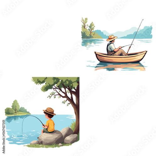 Fishermen fishing from boat and riverbank enjoying peaceful lake scenery