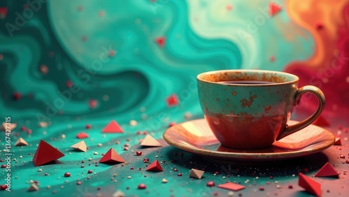 Aromatic Brew in a Rustic Cup Amidst Abstract Shapes and Vibrant Hues