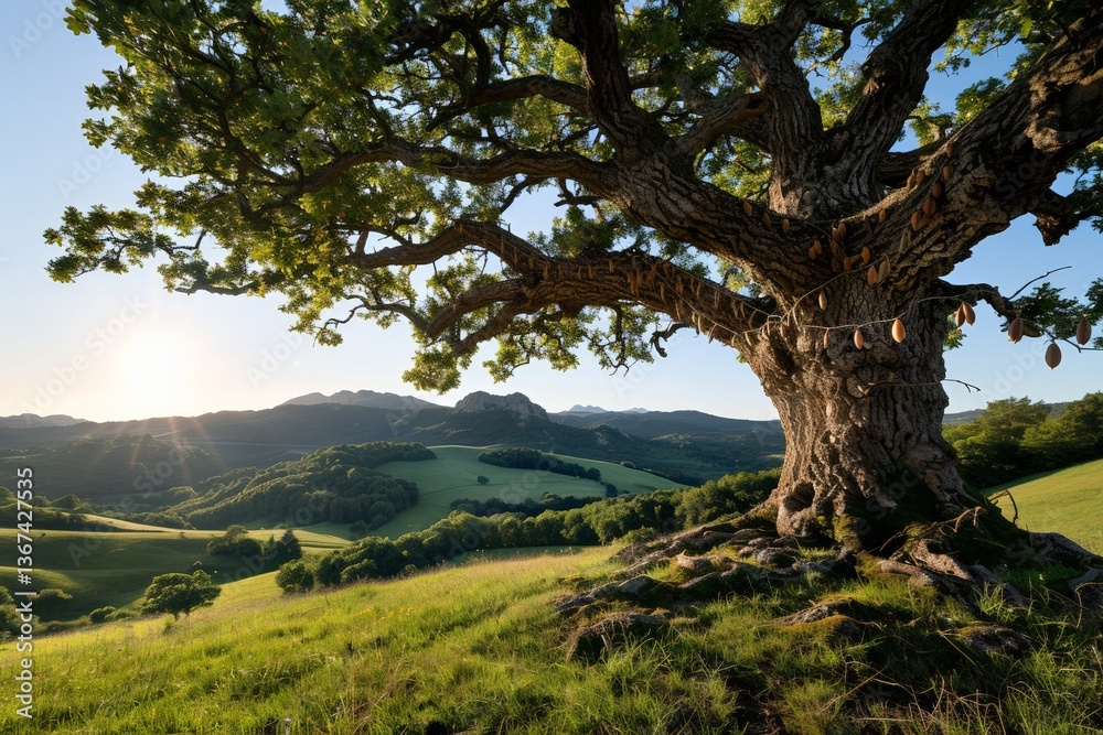 Fototapeta premium Majestic oak tree in serene mountain landscape at sunrise
