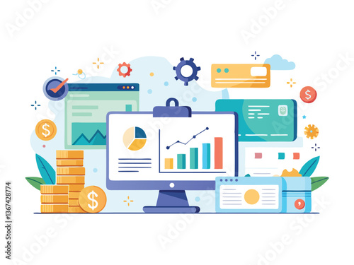 Modern flat vector with business and technology icons