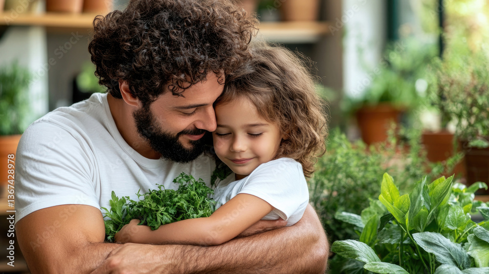 Obraz premium Heartwarming moment of parents embracing their child in a lush green garden setting