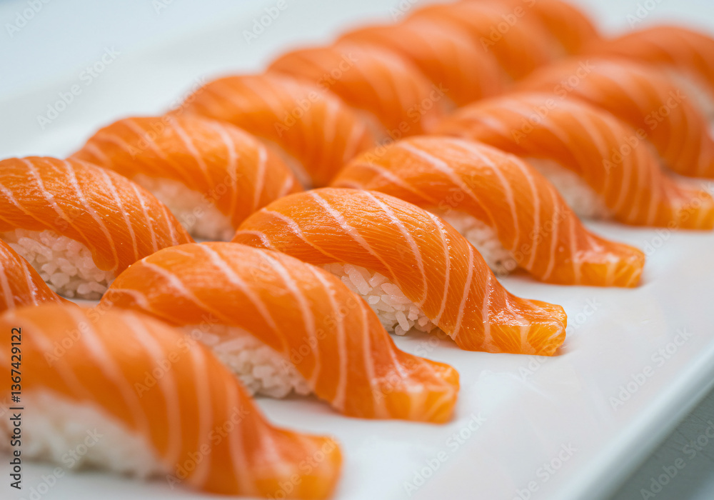 salmon tuna sushi and rolls in single or arrangement on white and black background salmon tuna sushi and rolls in single or arrangement on white and black background