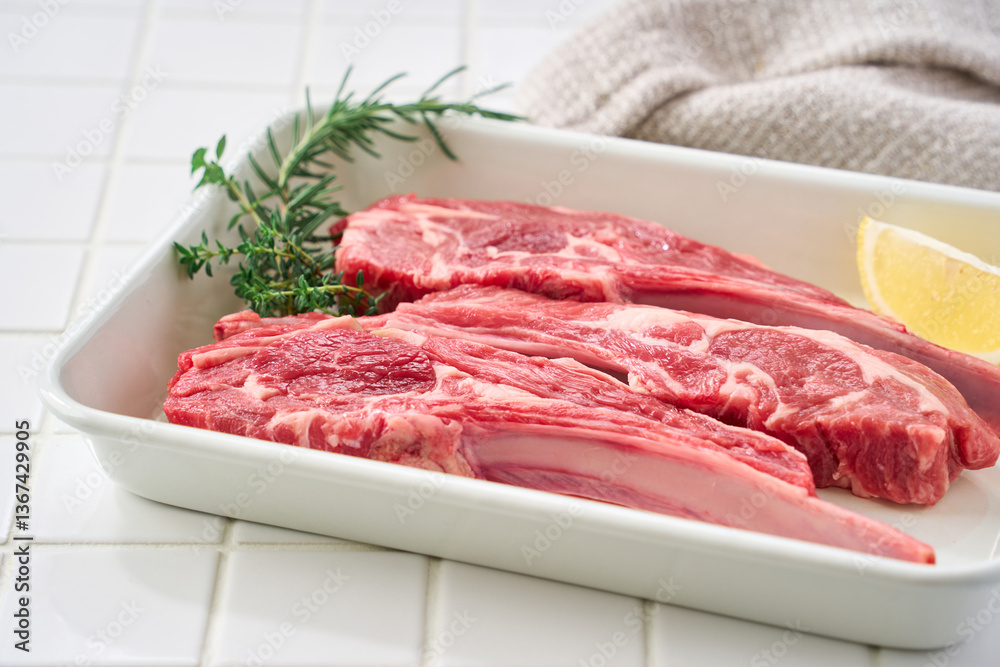 Fototapeta premium 白いバットに並べた生のラムチョップ肉