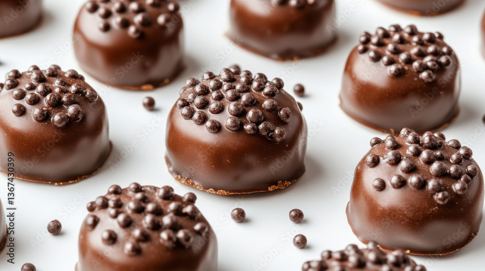Gourmet chocolate truffles arranged on white surface Gourmet chocolate truffles arranged on white surface