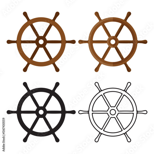 A set of helm icons. Wooden ship's rudder. Silhouette, outline and color icon in a simple flat steering wheel style. Vector illustration.