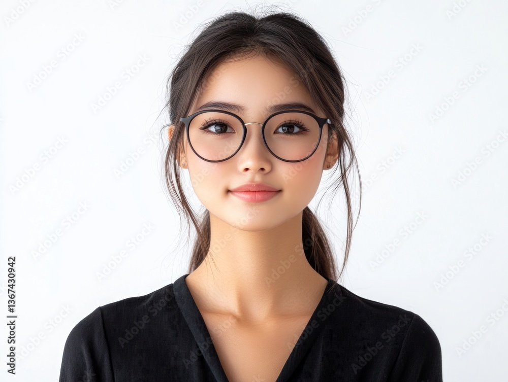 Young Asian female worker, glasses, creative industry company, cute face, white and clean skin, isolated white background Young Asian female worker, glasses, creative industry company, cute face, white and clean skin, isolated white background