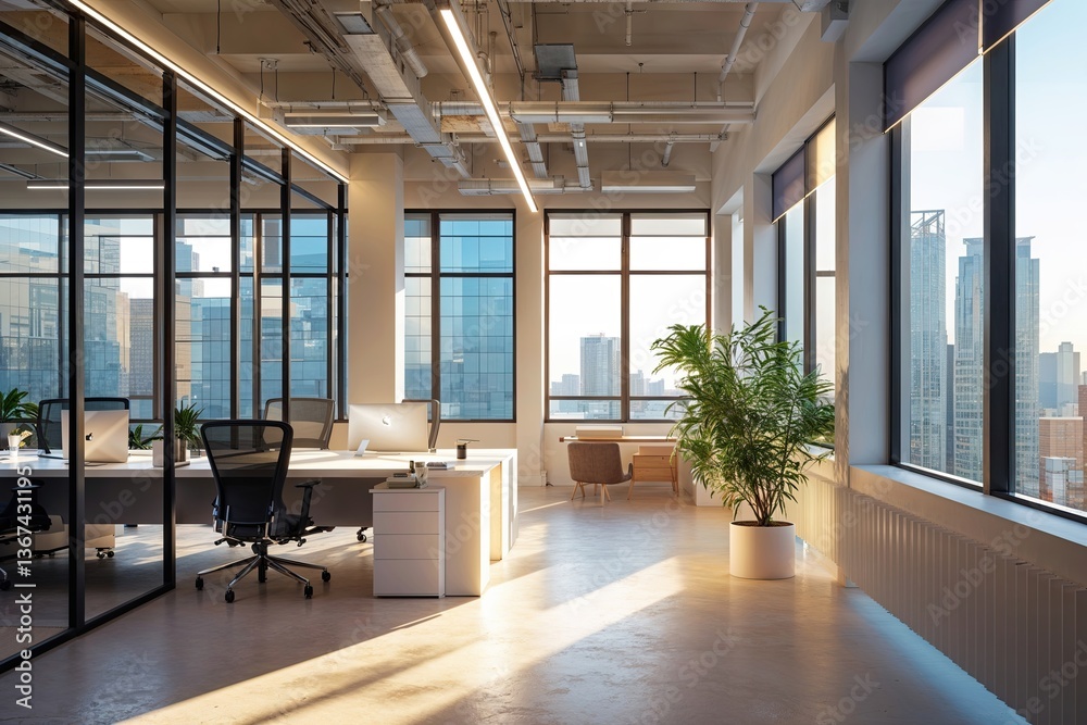 Fototapeta premium Bright Soft-Focus Office Space with Large Windows and Inviting Atmosphere