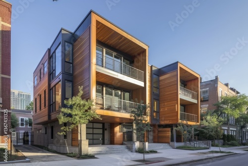 The row of just finished new townhouses, the Concept of buying a house vs renting an apartment. Neural network ai generated