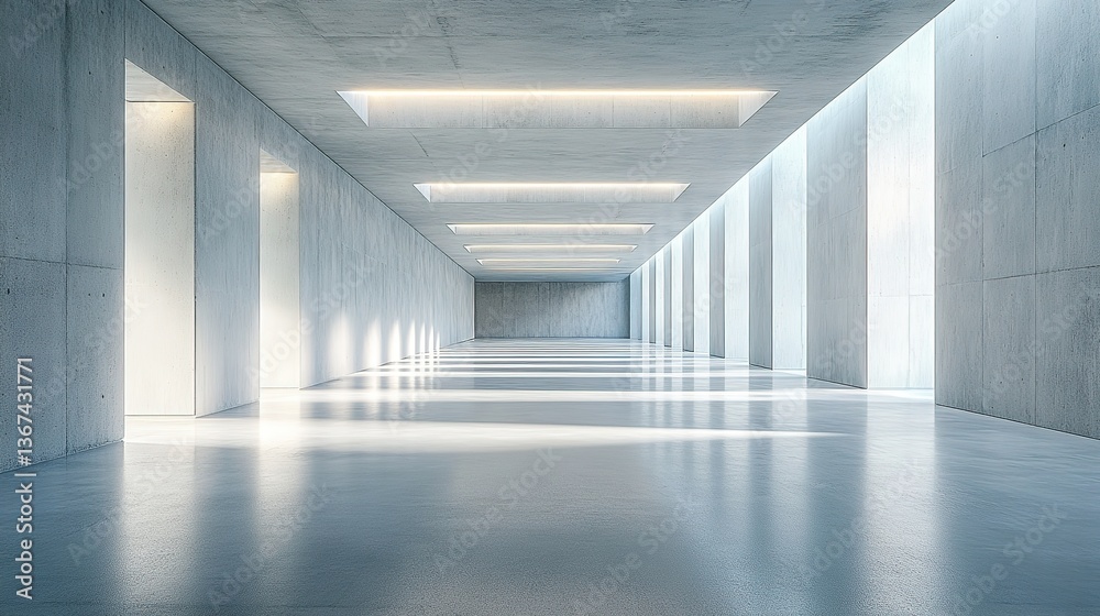 Modern concrete hall with glowing windows, embodying simplicity and clean minimalism in architectural design. Modern concrete hall with glowing windows, embodying simplicity and clean minimalism in architectural design.