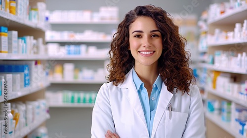 A smiling pharmacist stands confidently in a well-stocked pharmacy, wearing a lab coat, ready to assist customers with their health needs.