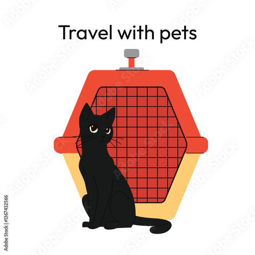 Illustration of a black cat sitting in front of a pet travel carrier with the text Travel with pets.Concept for pet transportation, travel safety, and animal care on the go. Vector illustration