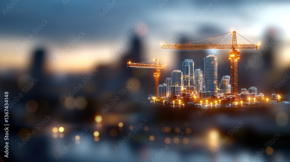 Naklejka premium Dazzling metropolitan skyline at dusk with illuminated high rise buildings skyscrapers and construction cranes against a cloudy sky reflecting on the calm river