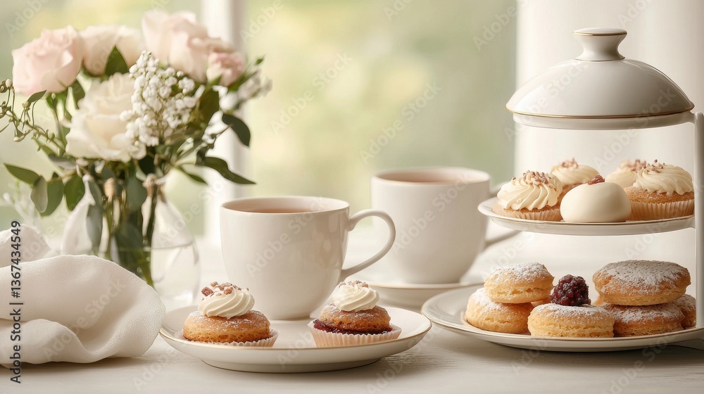 Fototapeta premium Cozy Afternoon Tea with Homemade Pastries and Elegant Ceramic Mugs on a Wooden Table Delightful still life arrangement featuring freshly baked treats hot beverages and a touch of vintage charm
