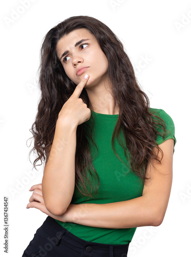 Portrait of a beautiful young woman thinking, isolated on white background
