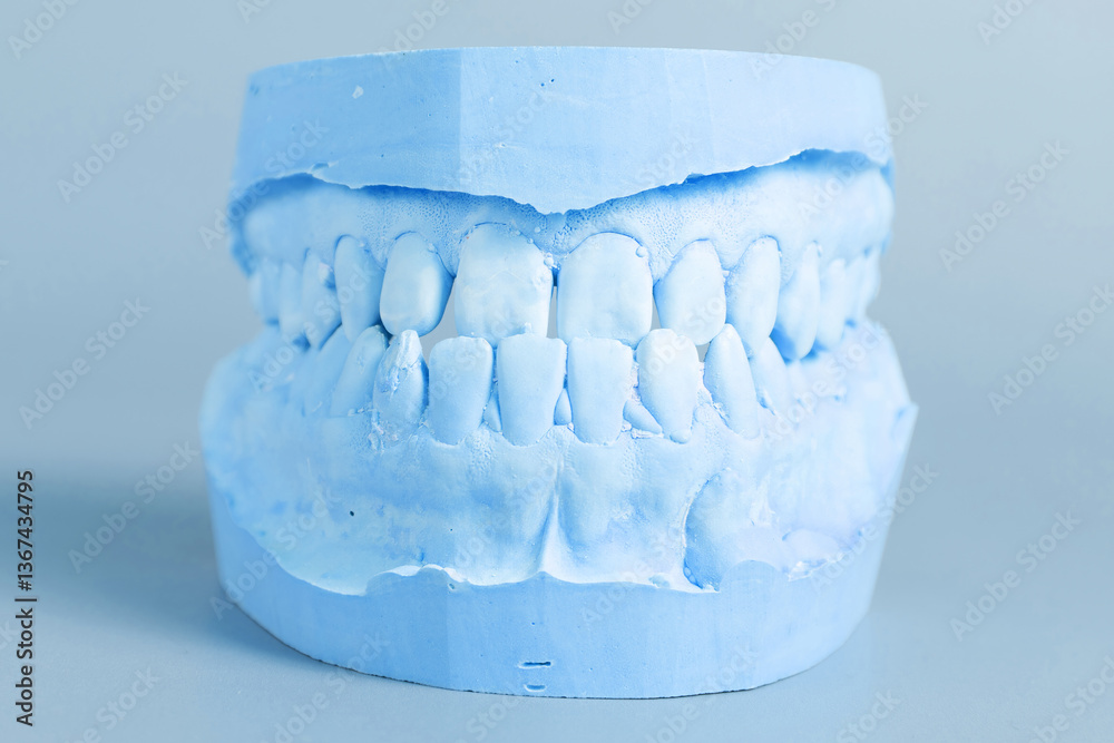 This image shows a detailed close-up of a light blue dental model. Represents a set of human teeth, ideal for educational or medical purposes This image shows a detailed close-up of a light blue dental model. Represents a set of human teeth, ideal for educational or medical purposes