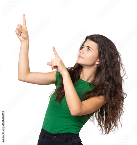 Happy young caucasian female in a shirt pointing fingers away