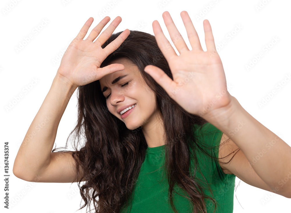 Portrait of a serious young woman showing stop gesture with her palm over white background Portrait of a serious young woman showing stop gesture with her palm over white background
