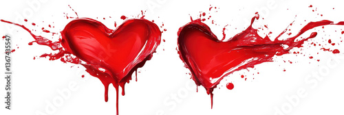 red paint splashes forming heart shapes on white background