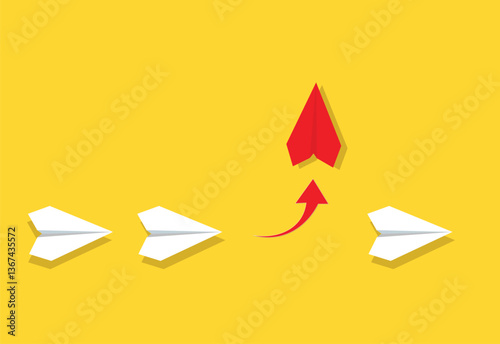 Think different, be a leader. Individuality concept. Red paper plane flies to the side .Vector illustration