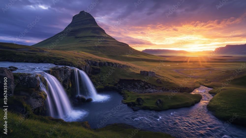 Naklejka premium A panoramic landscape of a Icelandic valley at sunset