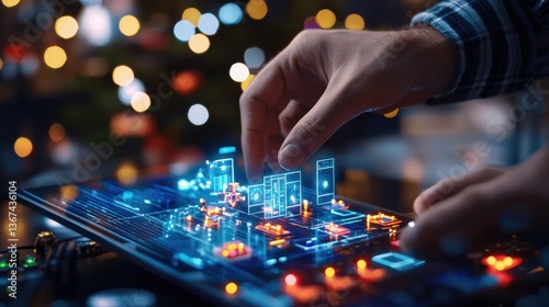 Hands interacting with a glowing digital circuit board showcasing advanced technology connectivity and the future of electronics and computer engineering