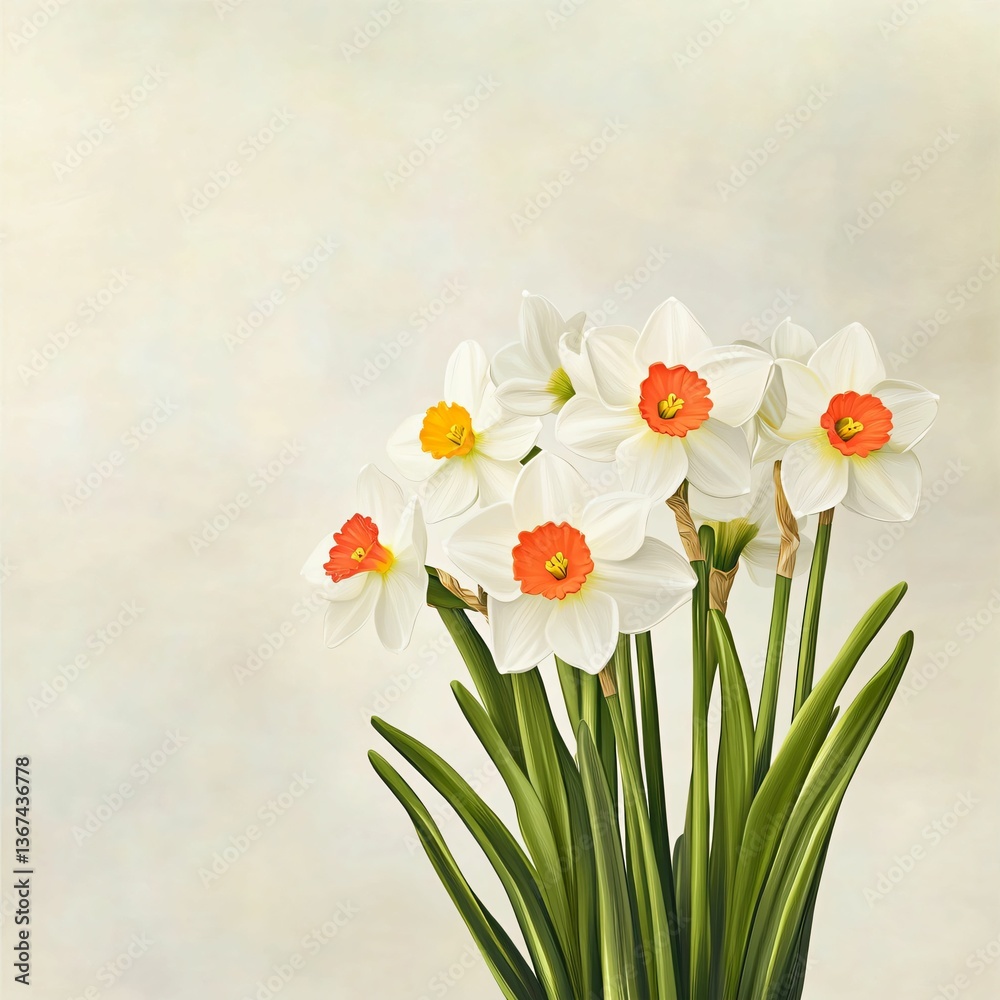 Obraz premium Fresh White Daffodils with Bright Orange Centers in Peaceful Setting