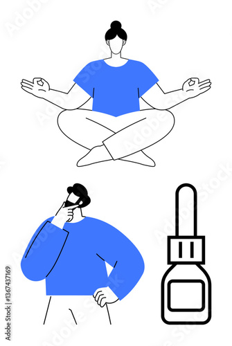 Cross-legged person meditating, thoughtful individual touching face, skincare bottle. Ideal for wellness, mindfulness, self-care, meditation, beauty habits simplicity. Flat simple metaphor