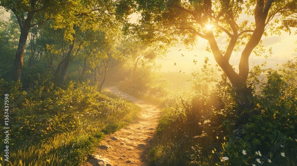 Fototapeta premium Sunlit trail through a vibrant forest landscape at the break of dawn