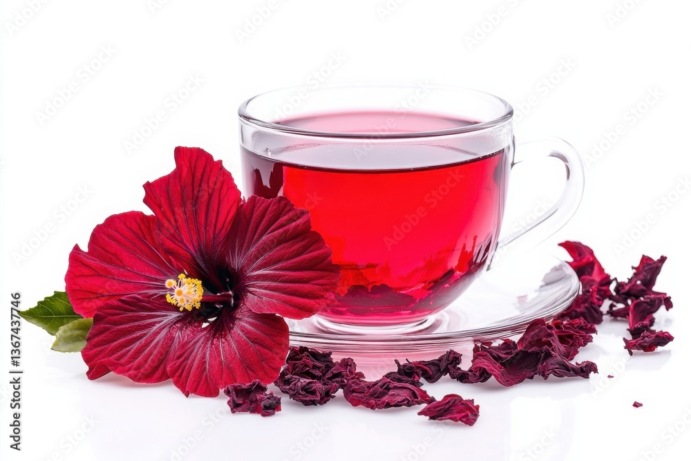 A vibrant cup of hibiscus tea alongside fresh petals and dried calyxes on a bright background isolated on transparent background A vibrant cup of hibiscus tea alongside fresh petals and dried calyxes on a bright background isolated on transparent background