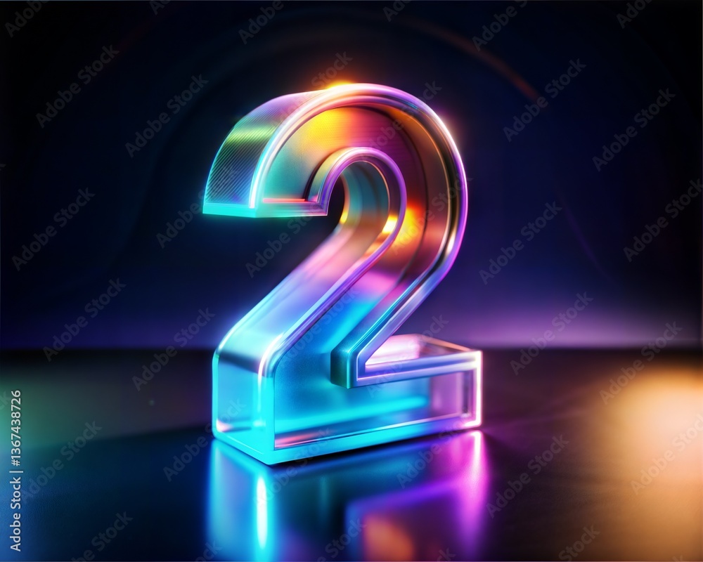 3d object glowing solid glass form shape Number 2 placed isolate dark background