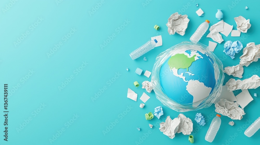 Obraz premium A globe surrounded by crumpled paper and plastic waste highlights the urgent need for environmental awareness and recycling efforts.