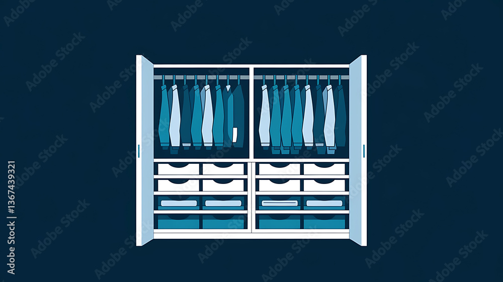 Organized closet with hanging clothes and drawers Organized closet with hanging clothes and drawers