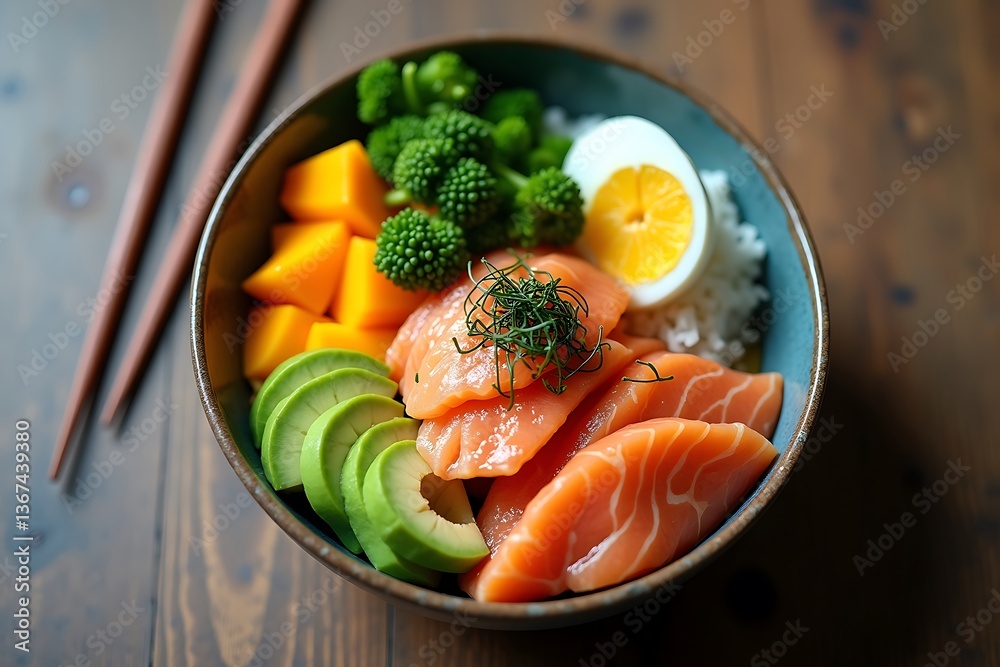 Delicious salmon poke bowl with avocado mango rice Delicious salmon poke bowl with avocado mango rice