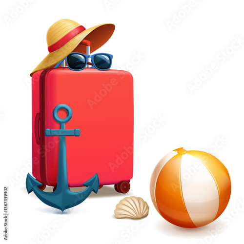 A vibrant red suitcase with a stylish straw hat, blue sunglasses, and a blue anchor. A colorful beach ball and a seashell accompany it, evoking the spirit of a fun-filled beach holiday.