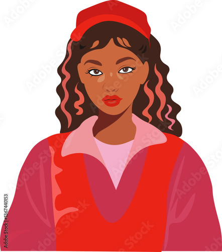 Afro girl in red suit, rapper girl