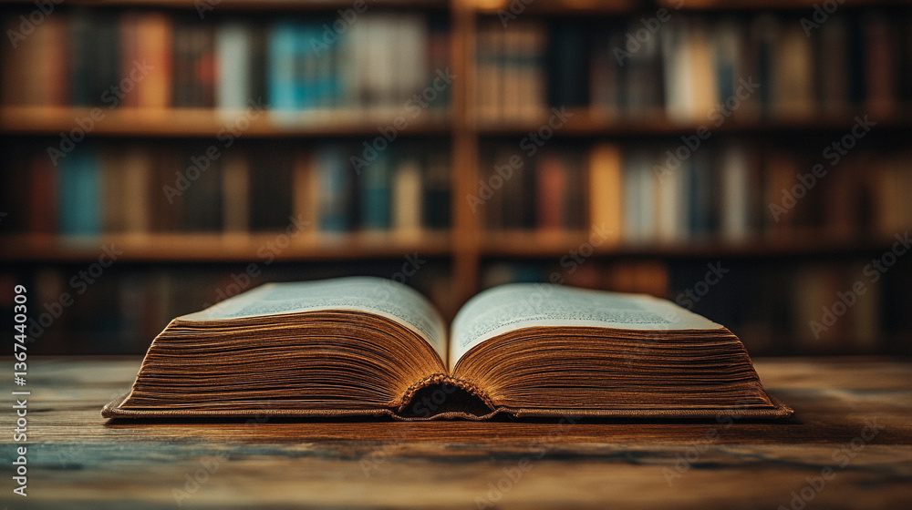 Open book on wooden table in quiet library setting Open book on wooden table in quiet library setting