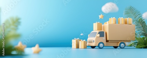 Delivery truck transporting stacks of carton boxes and cargo containers in a tropical outdoor setting with palm trees and a bright blue sky representing the concept of logistics distribution