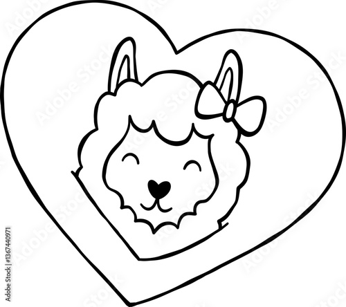 Cute Face In Heart Pillow Shape Alpaca Llama Character Cartoon Valentine Element Outline