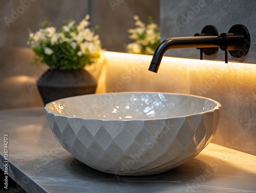 Modernes Badezimmer mit geometrischen Fliesen und schwarzem Wasserhahn