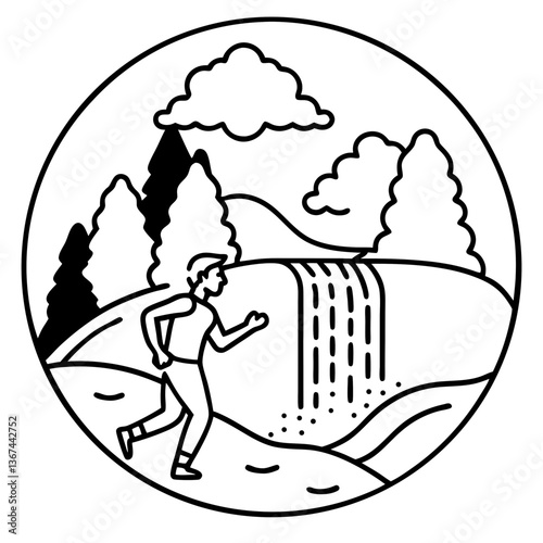 A person running in front of a majestic waterfall, radiating peace and serenity