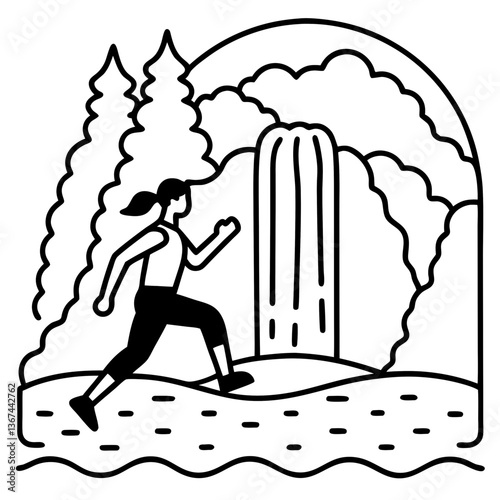 A person running in front of a majestic waterfall, radiating peace and serenity
