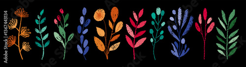 Chalk flower. Crayon hand drawn kid spring color blackboard. Vector illustration with pastel texture. Doodle hand draw leaf on chalkboard background. Floral plant and flower element. Chalk pattern bg