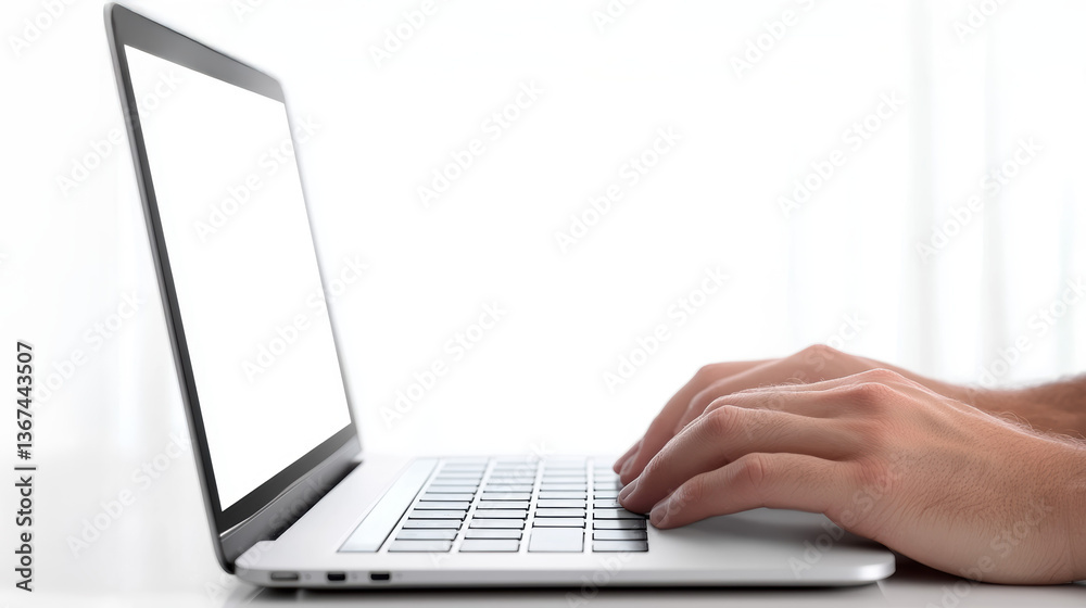 Hands typing on laptop with blank screen Hands typing on laptop with blank screen