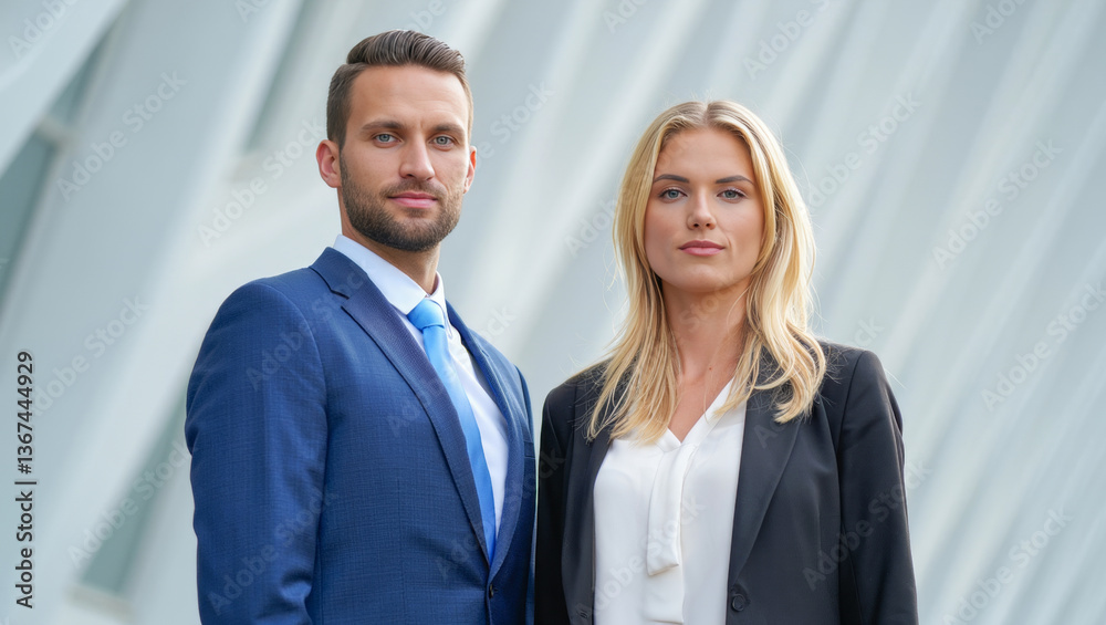 Business professionals standing confidently against modern architecture