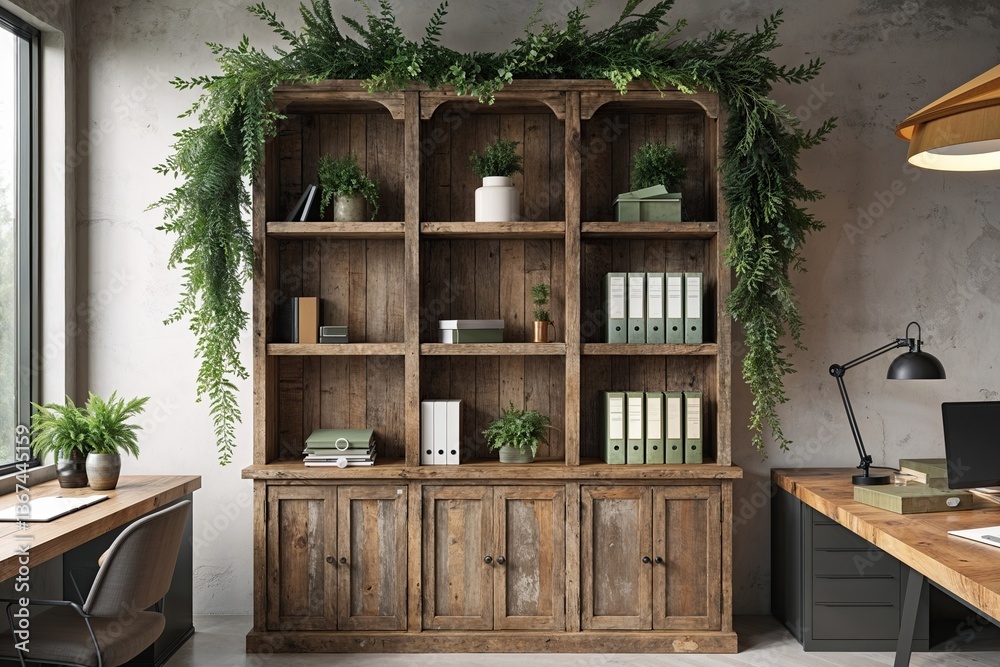 Rustic Bookshelf with Greenery and Files for Modern Workspace Decor Rustic Bookshelf with Greenery and Files for Modern Workspace Decor