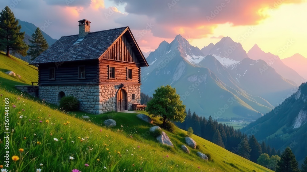 Fototapeta premium Serene Mountain Cabin Sunset Vista A picturesque wooden house nestled on a verdant hillside, overlooking a breathtaking panorama of majestic snow-capped mountains bathed in the golden hues of sunset