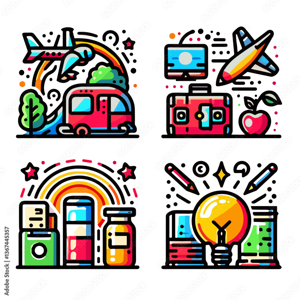 Obraz premium Colorful travel and adventure illustrations with icons and symbols 