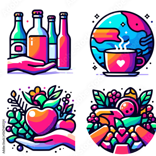 Colorful illustrated beverage and fruit collections in vibrant style  