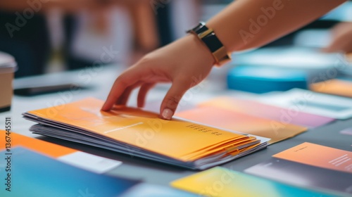 A hand touching a stack of orange brochures on a table