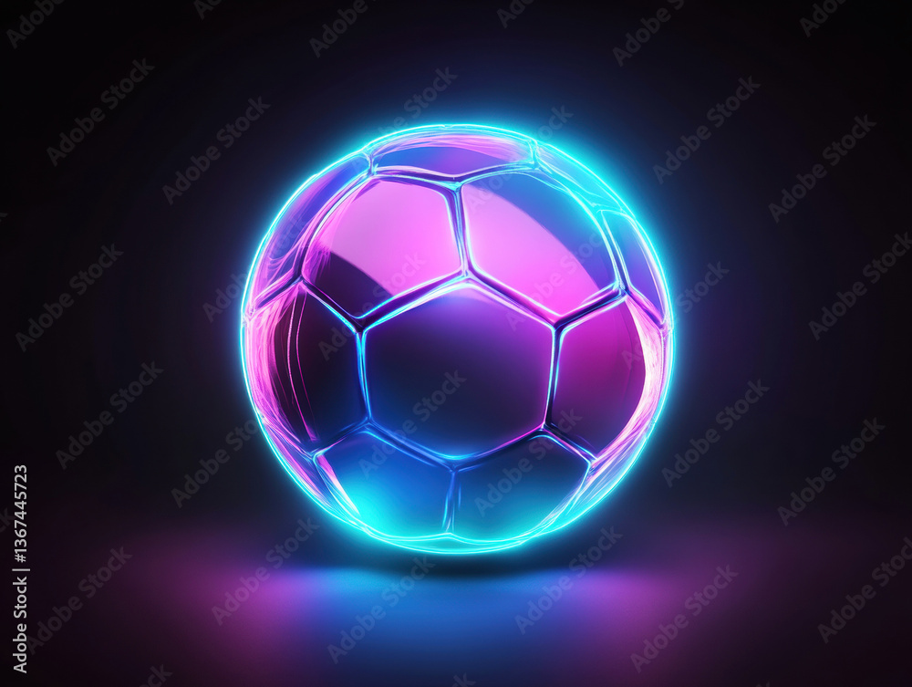 Naklejka premium Neon soccer ball glowing in vibrant colors on dark background